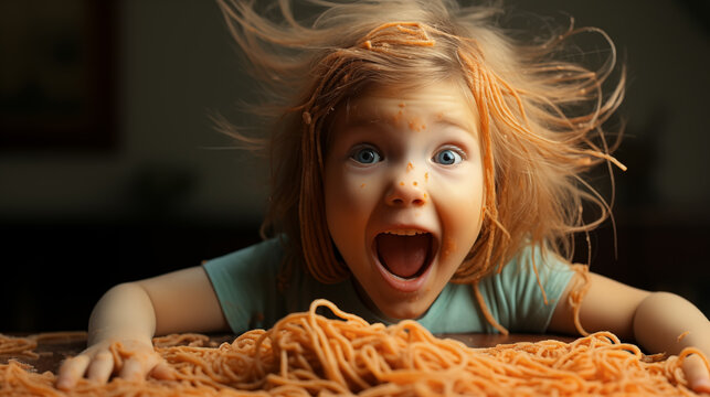 Kid girl eating spaghetti bolognese at home. Cute child eating fresh healthy meal with noodles. Generative Ai.