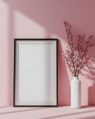 Portrait blank white picture frame standing on the floor with plant pink flower decoration on pink background for mock up, sunlight, copy space. 