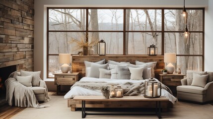 A cozy bedroom with a fireplace and a view of the woods - obrazy, fototapety, plakaty