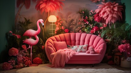 pink surreal flamingo floral living room