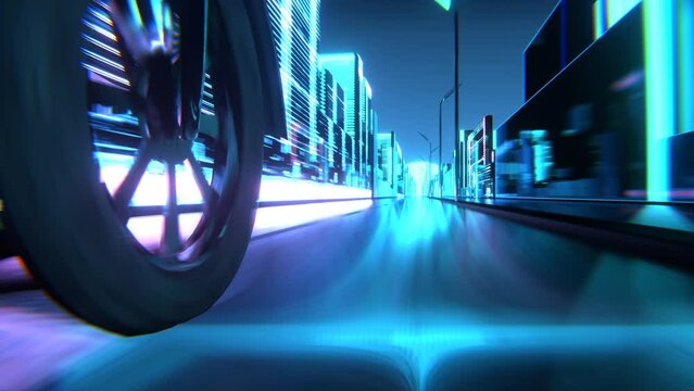 animation of a motorbike driving on a cyber urban road, seamless loop
