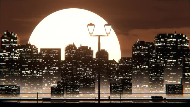 animation of night city building scenery, illustration of seamless loop background