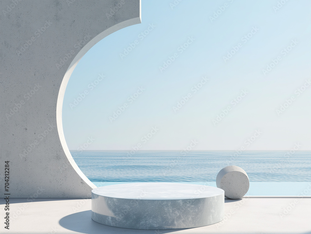 Poster 3d illustration of empty cylinder podium backdrop in for product display with ocean background. abst
