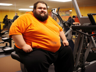 Fototapeta na wymiar Obese fat man comes to gym to live healthy life, new year diet resolution