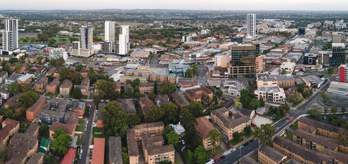 Panoramic aerial drone view of Liverpool cbd in Sydney, NSW Australia during the early morning in...