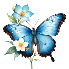 Watercolor Clipart Blue Morpho Butterfly on Flower