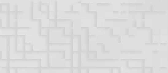 tile mosaic white and gray pattern with geometric squares, Random shifted white cube 3d square boxes block with pattern, grey and white light geometric abstract background for presentation and cover.