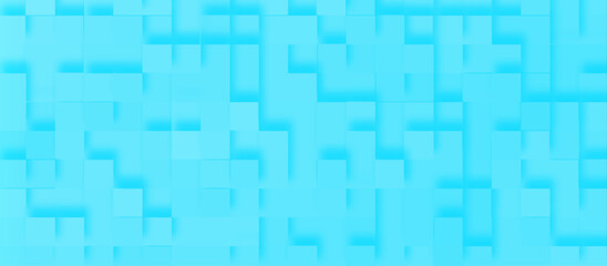 Abstract 3d geometric background with cubes, background of small squares in blue geometric pattern, Panoramic view of abstract square pattern for presentation, cover, card, decoration and design.