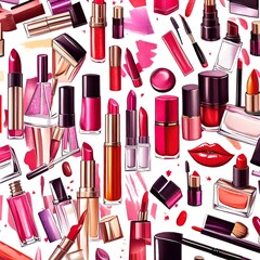 Vector style  illustration. drawing of a collage of different lipsticks, makeup brush, nail varnish, compact, blush, eye shadow, eye  and perfume repeating pattern