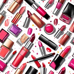 Obraz premium Vector style illustration. drawing of a collage of different lipsticks, makeup brush, nail varnish, compact, blush, eye shadow, eye and perfume repeating pattern