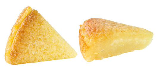 Slices of baked Vietnamese coconut cassava cake isolated on white background