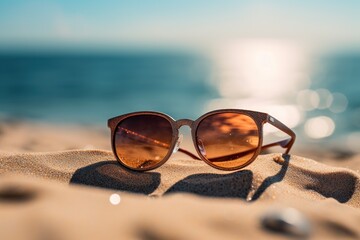 Fototapeta na wymiar Sunglasses lie on the sand on the beach in the shade of a palm branch. Travel and vacation concept.
