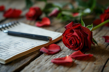 Un cuaderno  escrito   y rosas de fondo por el día de san Valentín  - obrazy, fototapety, plakaty