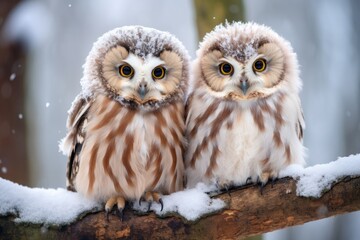 Obraz premium Two lovely cute owl stand together on tree in Winter