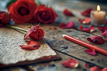 Un cuaderno  escrito   y rosas de fondo por el día de san Valentín  - obrazy, fototapety, plakaty
