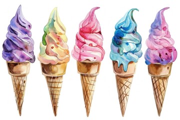 Watercolor illustration of colorful ice cream cones on white background - obrazy, fototapety, plakaty