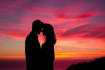 Couple's silhouette against a Valentine's Day themed sunset background, horizontal with copy-space