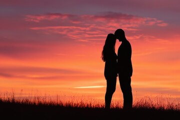 Couple's silhouettes against a Valentine's Day sunset background, horizontal with copy-space