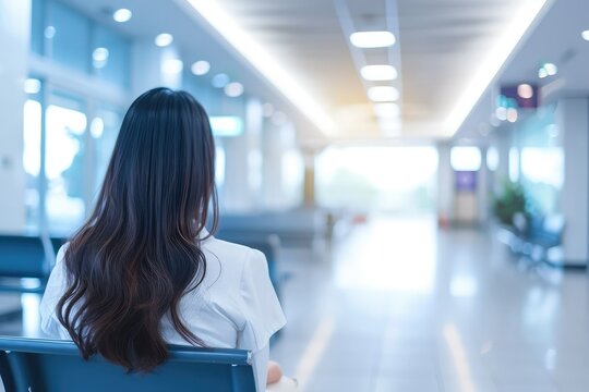 Defocused image of a hospital waiting area with an Asian businesswoman, abstract business healthcare blend