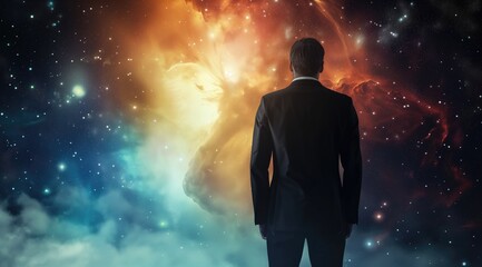 abstract of Businessman's Vision for the Future,  silhouette of businessman in a suit observing the light of space, man looking at a star in outer space concept