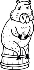 Adorable Capybara Perched on a Wooden Bucket Vector Coloring Illustration
