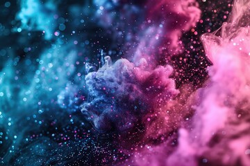 Glitter ink swirl with magic air wave, neon blue pink sparkling dust mist flow on dark abstract background, shot on RED Cinema camera