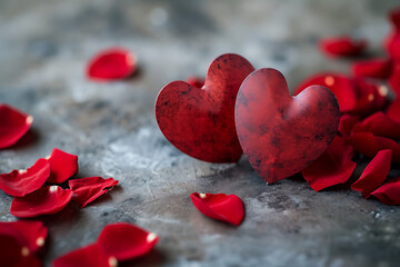 Dos corazones con petalos y con fondo para un mensaje  - obrazy, fototapety, plakaty