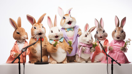 Cute fluffy bunnies singing into as a choir on white background. Easter singers.