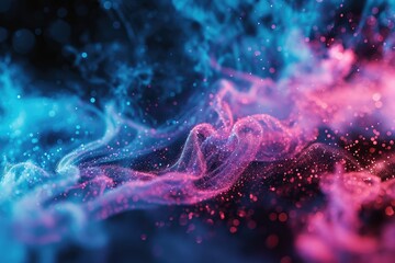 Neon blue pink sparkling dust mist flow, magic air wave with glitter ink swirl on dark abstract background, shot on RED Cinema camera