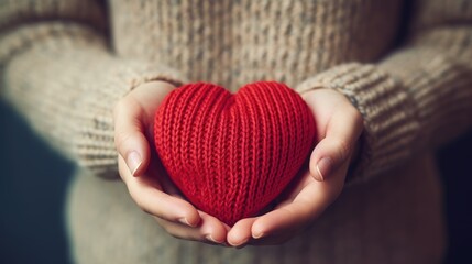 Close-up of a woman in a warm sweater holding a knitted red heart in her hands. Valentine's Day greeting card. A symbol of love. - obrazy, fototapety, plakaty