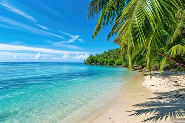 Secluded tropical beach with coco palms, shimmering turquoise water, and a clear blue sky