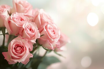 Valentine's Day background with a softly blurred bouquet of pink roses, symbol of adoration, horizontal and copy-space ready
