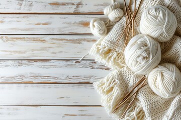 White wooden boards with knitting yarn and needles, textured background, horizontal with copy-space