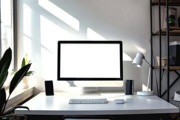 White-screen PC in a private office with a computer desk, embodying modern minimalism