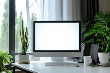 White-screen PC on a computer desk in a minimal private office room, modern simplicity