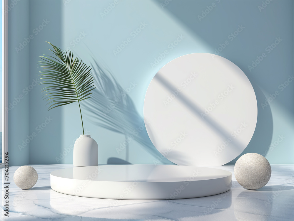 Poster 3d illustration of empty cylinder podium backdrop in light blue color theme for product display. abs