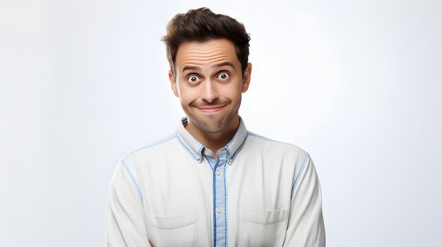 attractive young adult making funny face with eyes wide open, engaging face expression, with blank white background.