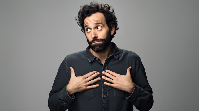 bearded man with hands on his chest, eyes looking left, being ignorant, wondering and questioning something, isolated on grey background.