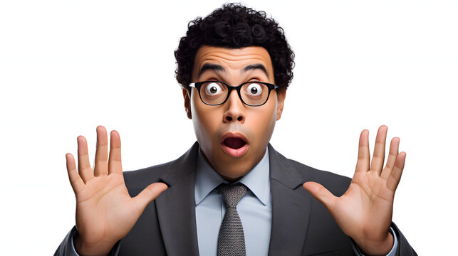 a natural expressive surprised or shocked person in professional attire on a blank white background, showing hand gesture