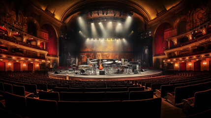 Empty concert hall with musical band instruments on stage. - obrazy, fototapety, plakaty