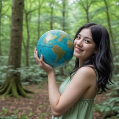 World Earth Day Celebration : A  girl passionately hugging a model of Earth Sphere giving the message to protect and love the earth and environment