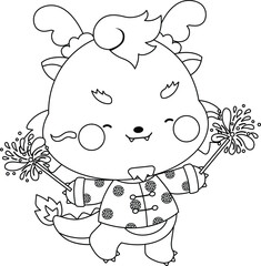a vector of a cute dragon celebrating chinese new year in black and white coloring