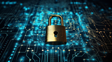 Padlock on silicone board, binary background. Concept for data security and protection.