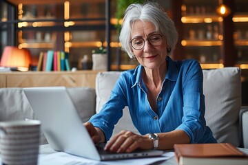 Happy mature senior professional business woman working on laptop from home office, having virtual video call meeting, watching online training webinar e learning class using, Generative AI 