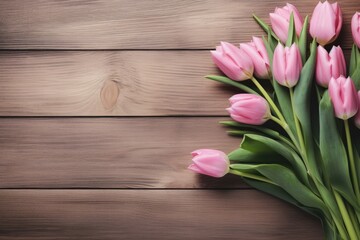 Bouquet of fresh pink tulips on wooden background. Valentine's Day