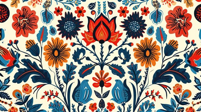 Seamless pattern with flowers in folk style. Abstract art graphic line