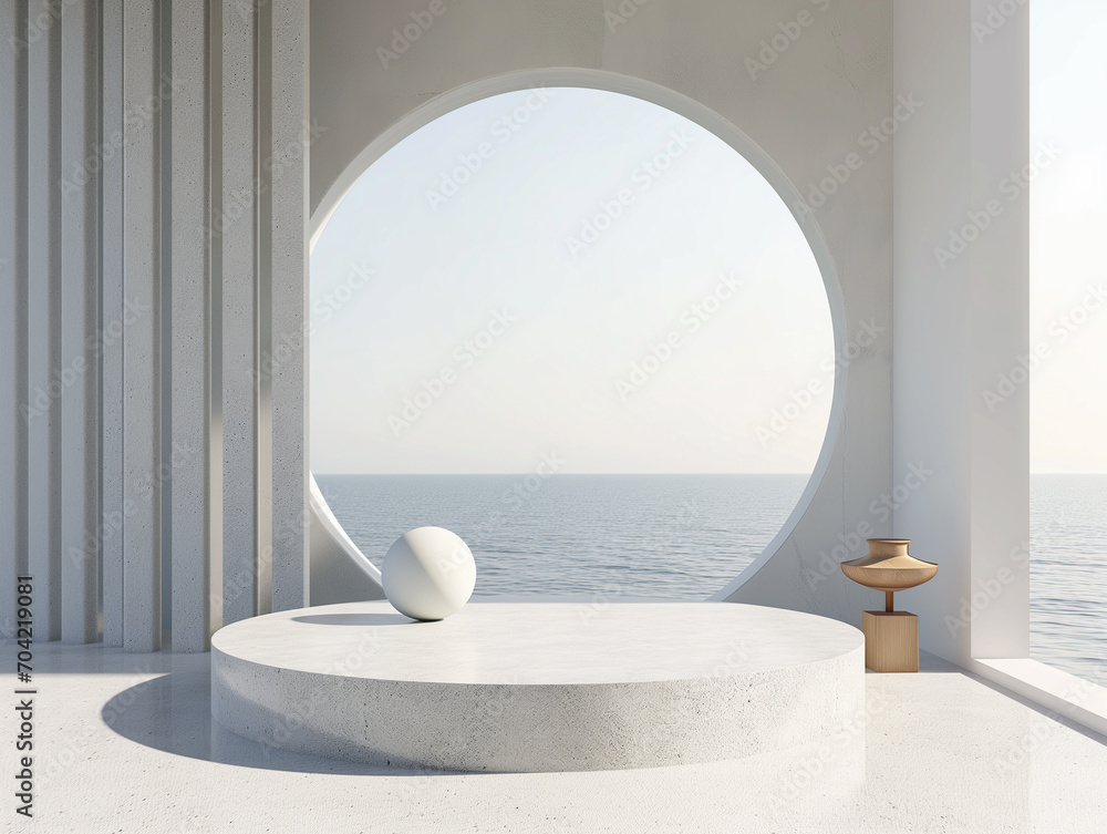 Poster 3d illustration of empty cylinder podium backdrop in for product display with ocean background. abst