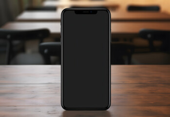 Mock up of smartphone with copy space over a wood table