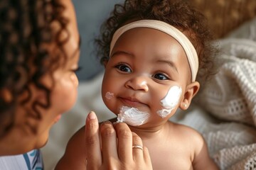 Caucasian mother applying healthy skin care moisturizing cream on cute adorable funny african american baby girl daughter face. Skincare lotion for infant pediatric diathesis treatment, Generative AI  - obrazy, fototapety, plakaty