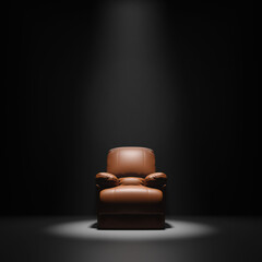  Leather sofa Seat in front of black wall with spotight, 3d render